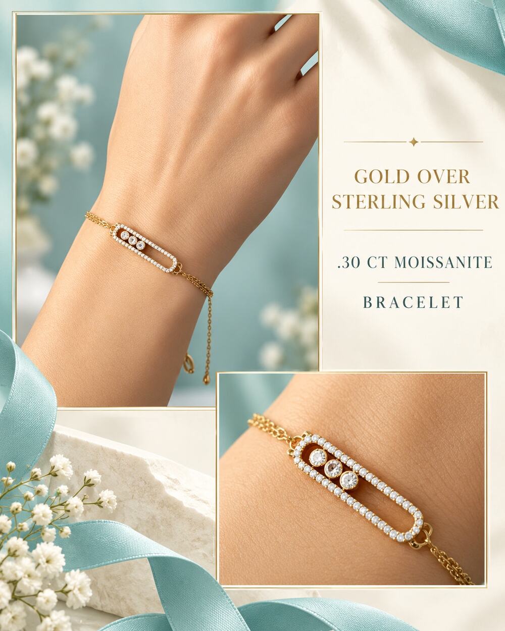 925 Sterling Silver*gold over*Floating Moissanites in bar*Adjustable*6.5"+ 1"